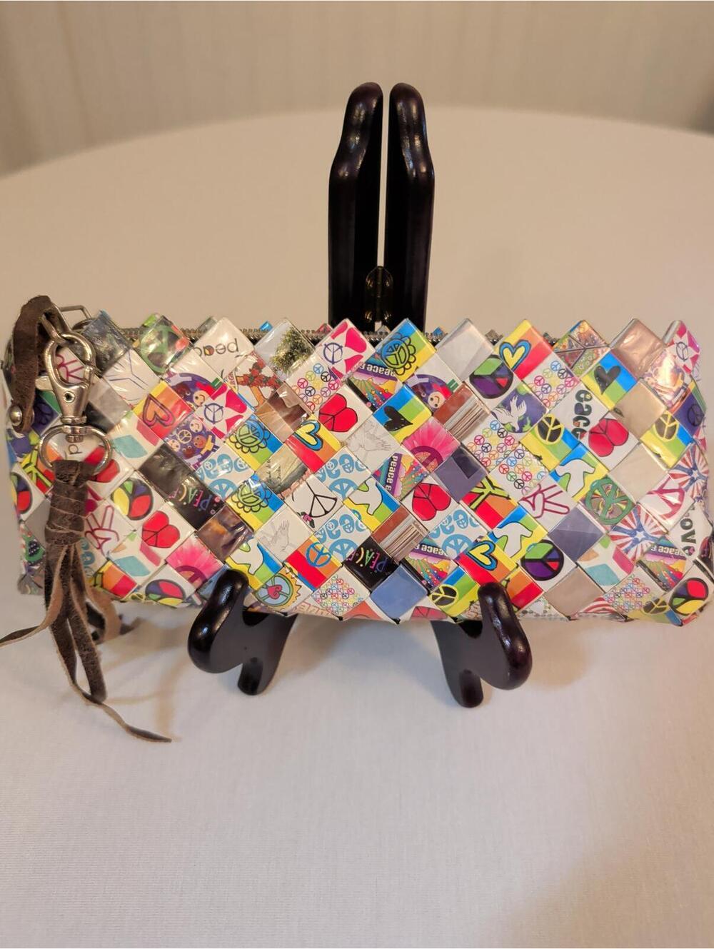 Nahui Ollin Colorful Candy Wrapper Woven Clutch Purse Zippered Unique